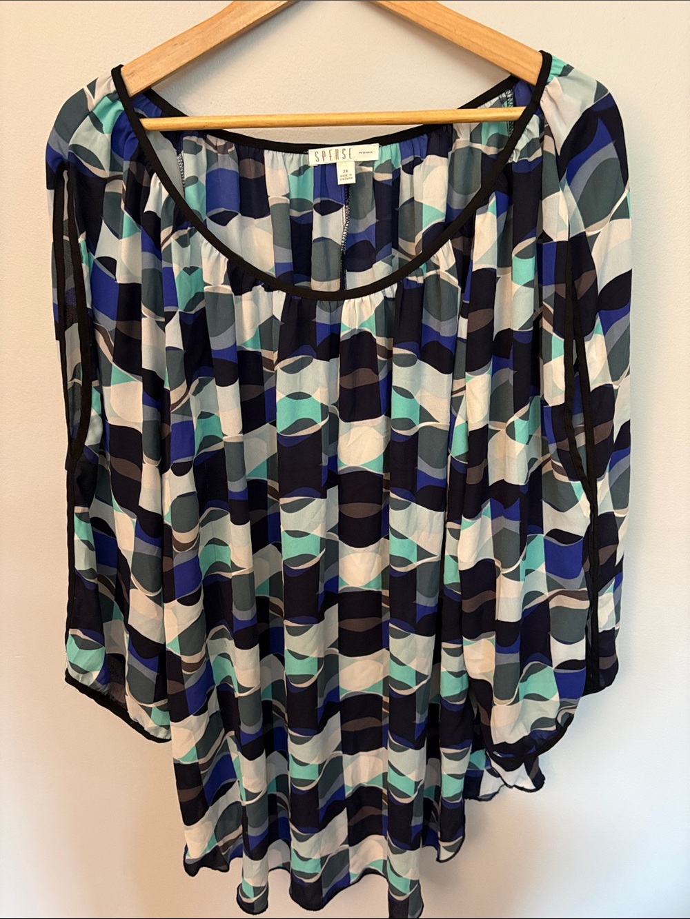 Spense Blue, Teal & Black Geometric Off-Shoulder Tunic
